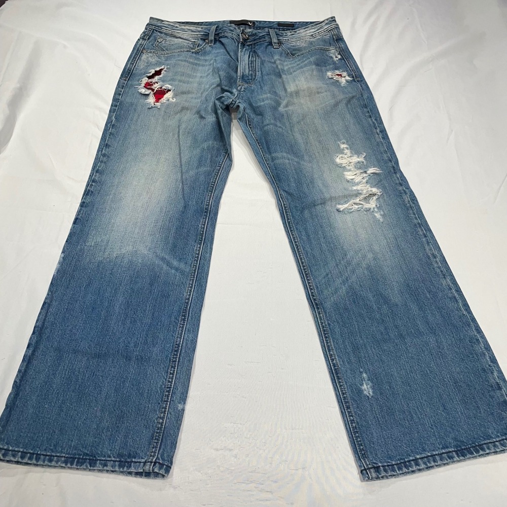 Vigoss USA Mens 38 Straight Leg Distressed Jeans Red Plaid Repair Embroidered